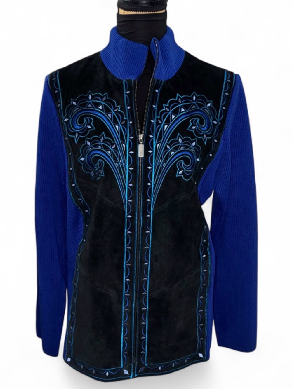 Bob Mackie Black Suede Zip Jacket with Royal Blue Knit Sleeves